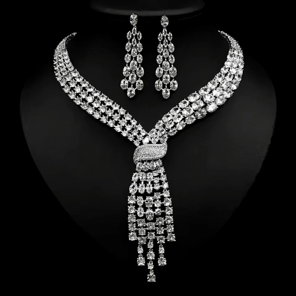 18k White Gold Filled Lab-Created Sapphire Necklace Earrings Set Wedding Jewelry - Image 4 of 4