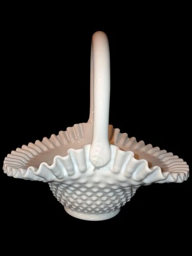 Vintage FENTON HOBNAIL MILK GLASS HANDLE BASKET 9 and 3/4 " DIAMETER
