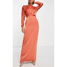 NEW ASOS Coral Orange Satin Maxi Dress Long Sleeve Tie Waist Elegant Formal 10