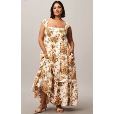 Anthropologie Sleeveless Square-Neck Maxi Dress Orange Motif XL Floral Romantic 