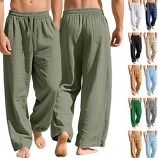 Mens Cotton Linen Loose Pants Casual Drawstring Beach Yoga Baggy Long Trousers