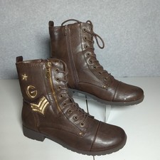 G by Guess Combat Boots Military Brown Gold Faux Leather Laces Womens 8.5 Y2K