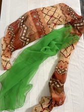Two vintage scarves 27 x 27 green 62 x 13 Italian brown pattern