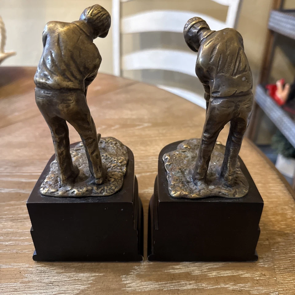 Vintage Cast Metal Golfer Swinging Bookends Bronze Finish w/Patina Pre-owned - Image 4 of 4
