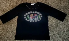 QUACKER FACTORY BEADEDED 1/2 SLEEVED SNOWMAN BLACK TOP SZ MEDIUM 
