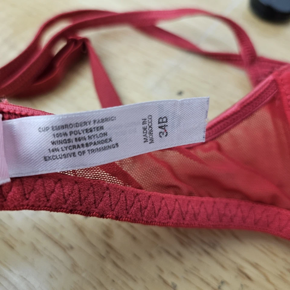 Vintage Y2K Victoria's Secret Red Bow Floral Embroidered Mesh Bra 34B Unlined - Image 3 of 4
