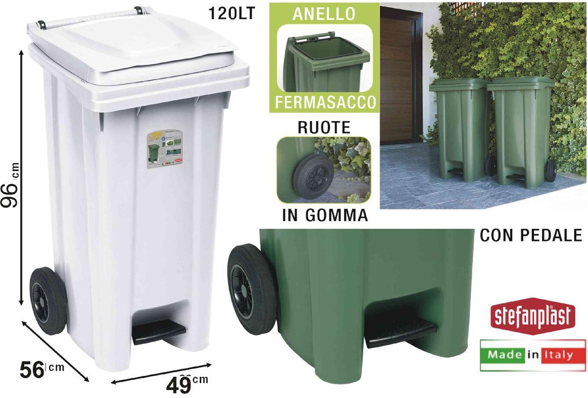 Bidone Carrellato Ecoplast 120 Lt – Con Ruote, In Plastica Riciclata, Bianco, Per Raccolta Differenziata