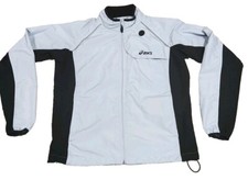 Womens Asics Running Jacket Size Medium Gray Black Full Zipper Ear Bud Port