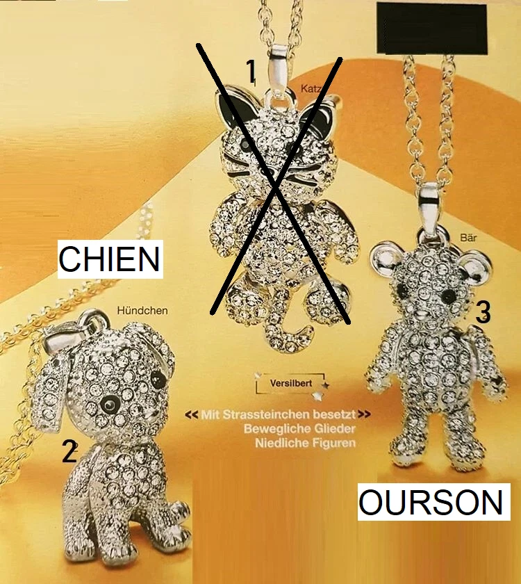 Collier AVON chien ou ourson aux membres articulés - fini argenté strass - Photo 1/1