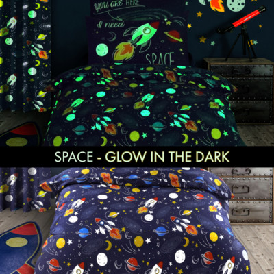 Glow in the Dark SPACE Kids Bedding Set Childrens Duvet Cover Quilt ...