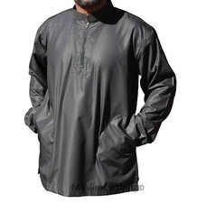Long-sleeve Black Men Shirt Short Collar Muslim Clothing Kurta Islamic khamees