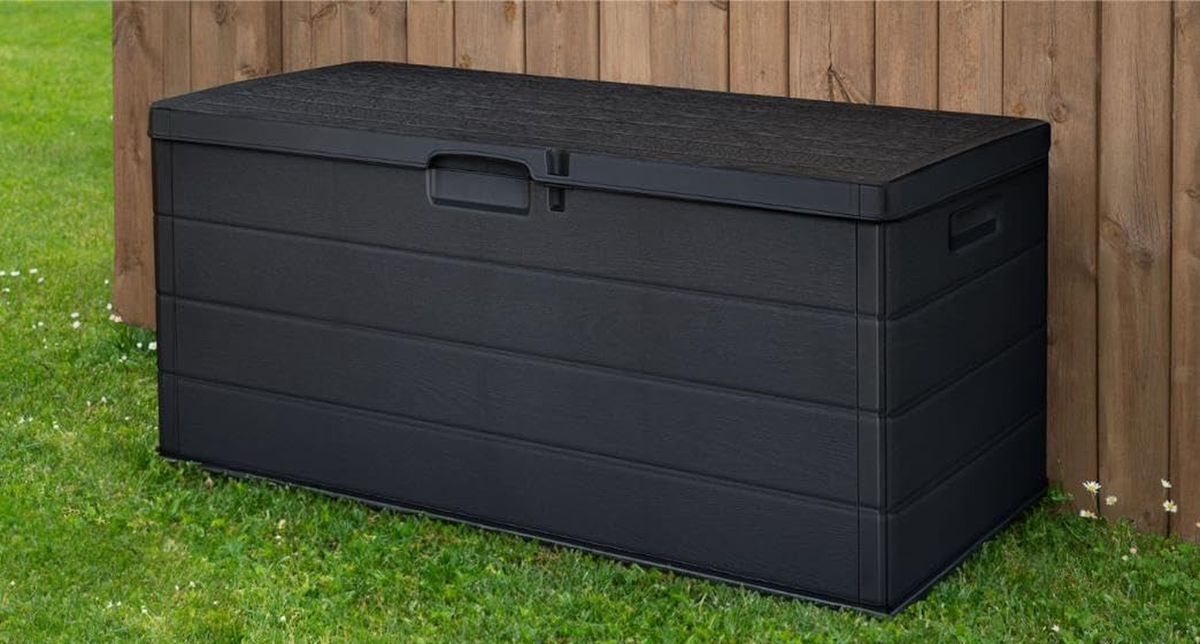 Cassapanca Da Esterno In Resina Antracite 340 Litri - Baule Effetto Legno 118x59x57 Cm, Per Giardino E Terrazza