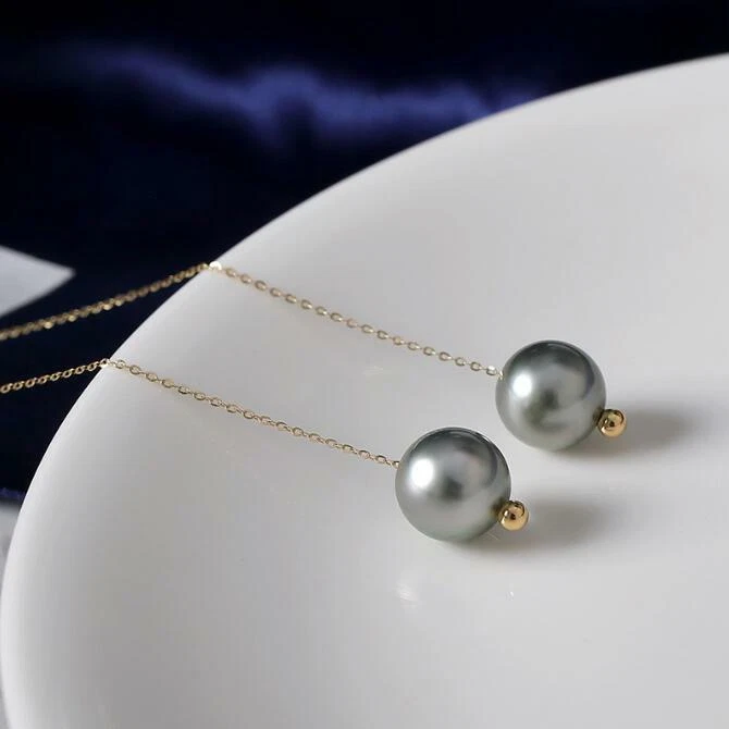 AAAAA 8-9mm Perla Negra Natural de Tahití Oro Amarillo 18K Pendientes Colgantes Finos Jewe Foto 2 de 2