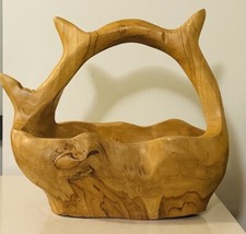 Wood Burl Root Basket Bowl w/ Handle Hand Carved Wooden 11.5  H 12.5  W 6.5  L