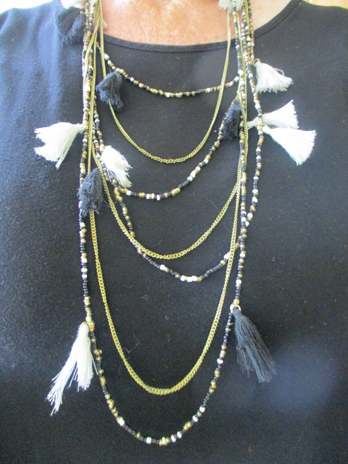 Vintage Black & Gold Seed Bead Multi Chain Neckla… - image 1