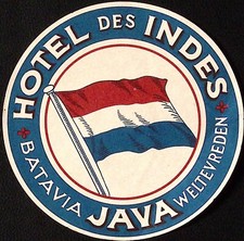 Indonesia Java Batavia Hotel Des Indies Flag Vintage Luggage Label 4.25"