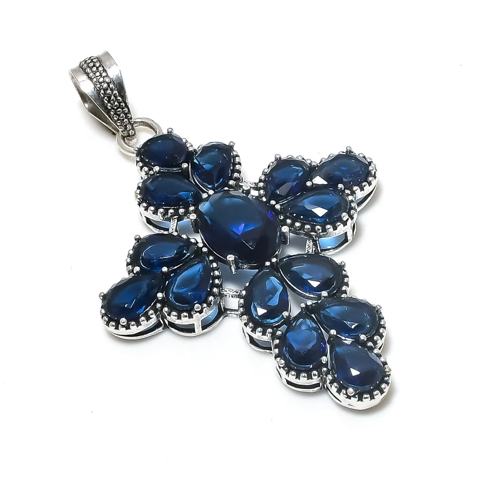 Zaffiro Blu Gemma a Mano 925 Pendente Argento Sterling Per Compleanno Regali - Immagine 4 di 4