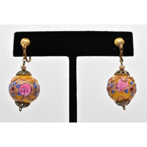 Vintage Wedding Cake Earrings Screw Back Yellow Pink Venetian Glass Murano BinBB