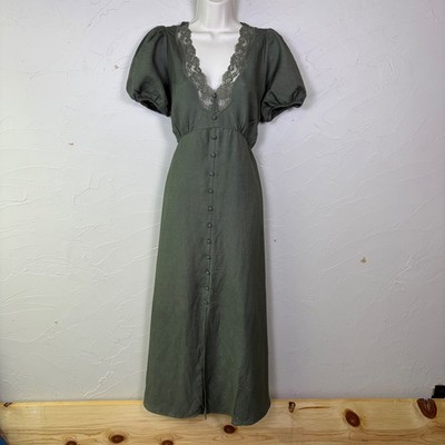New LOFT Linen Dress 6 Green Lace V Neck Puff Sleeve Boho Cottage Long