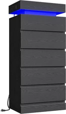 54" Tall 5 Drawer Dresser for Bedroom, Black Dresser with LED Light and Power Ou