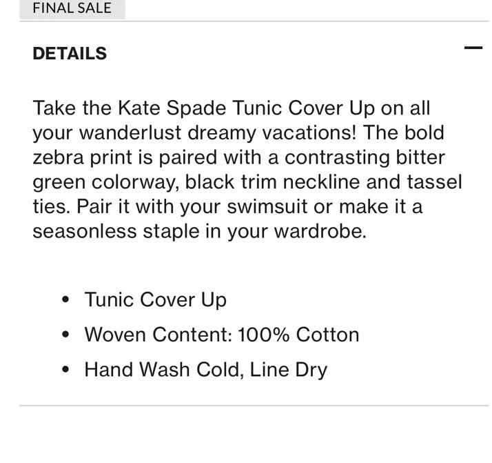 Costume da bagno copricostume o tunica Kate Spade stampa zebrata con tasche taglia large