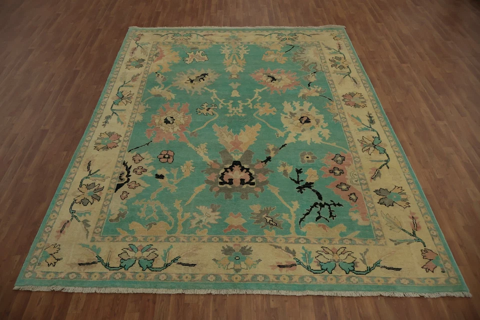 Turquoise Floral Oushak Area Rug 9x11 Ft Hand-Knotted Transitional Oriental Rug - Image 4 of 4