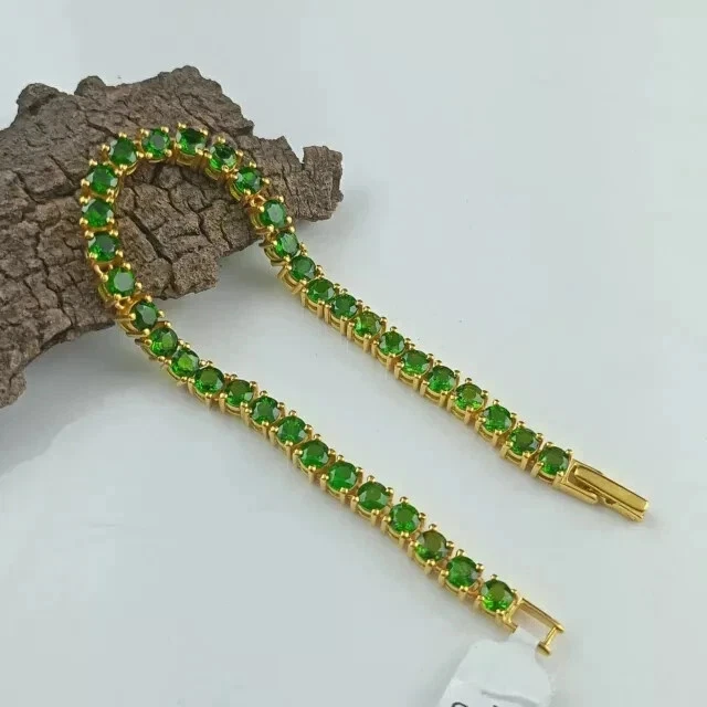 12Ct Lab Created Green Emerald Women'sTennis Bracelet 14K Yell Gold Plated 7.5" - Image 4 of 4