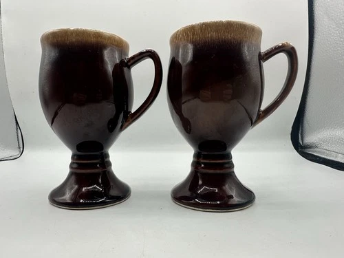 Set Of 2 Vintage Hull Brown Drip Pottery Irish Coffee Pedestal Mugs 6”.  K
