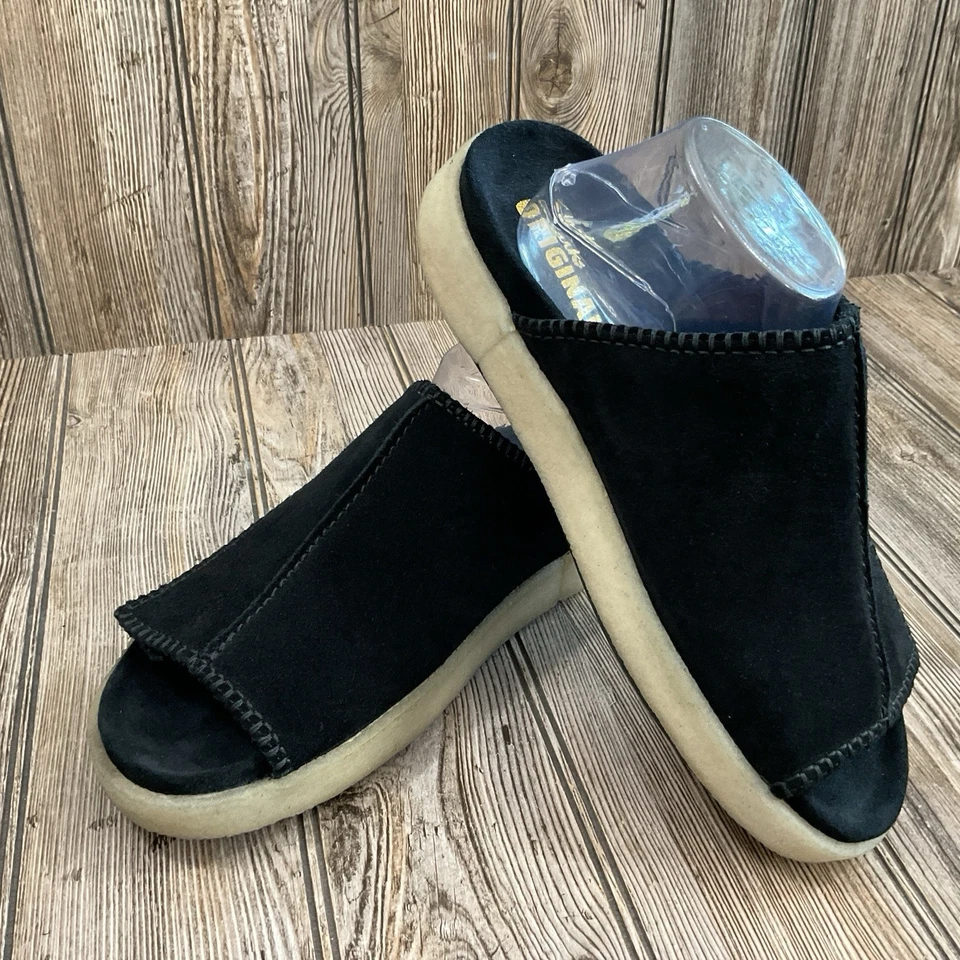 Sandalias Clarks Originals Para Hombre Gamuza Negra Sobreleigh Slide. Slip On Talla 12 NUEVO Foto 4 de 4