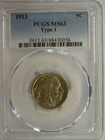 Pcgs MS63 1913 Type 1 Buffalo Nickel