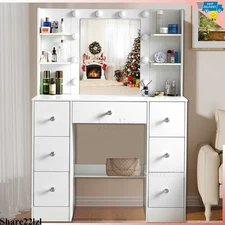 Vanity Set with Led Lights Makeup Mirror Dressing Dresser Desk Table w/ 7 Drawer