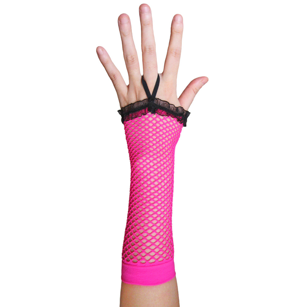 Neon Pink Fingerless Fishnet Gloves with Ruffle ~ HALLOWEEN 80's