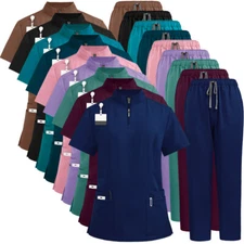 Summer NiaaHinn Scrub Nurse Uniform Women Scrub Set Zip-Neck Tops Straight Pants