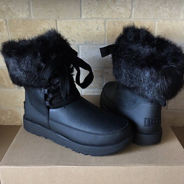 UGG GRACIE BLACK WATERPROOF LEATHER FUR CUFF SHORT BOOTS SHOES SIZE US