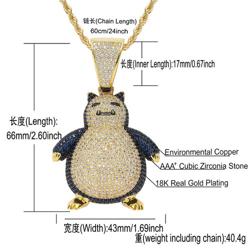 Cartoon Pokemon Snorlax Hip Hop Pendant Chain Necklace ICED AAA+ CZ Cos Jewelry - Picture 4 of 8