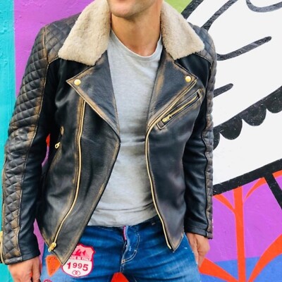 Men's Vintage Style Motorcycle Biker jacket Fur Collar Sheepskin