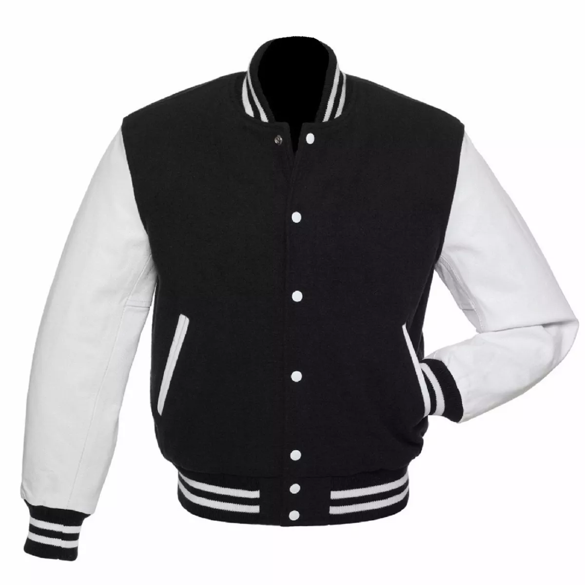 Letterman College Varsity Bomber Jacket Black White Wool with Real