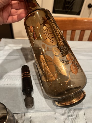 Vintage Tschechisch Böhmisch MCM Bernstein Karaffe Gold Floral 16,75" H 3,5" mit 6 Gläsern - Bild 2 von 9