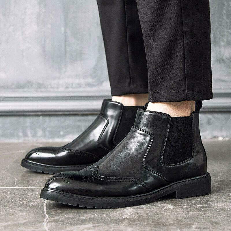 Men's Wingtip Leather Chelsea Boots with Low Heel & Ankle Support