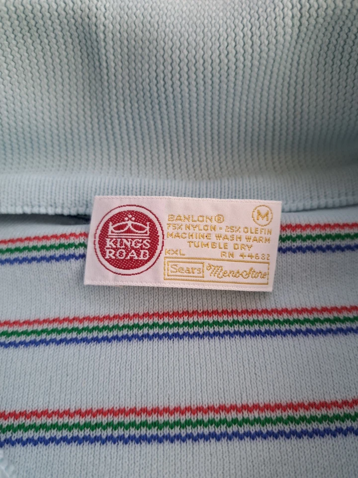 Camisa Polo Kings Road Años 70 De Colección Hombres Mediana Banlon Nylon Azul Arco Iris Cuello Daga Foto 4 de 4