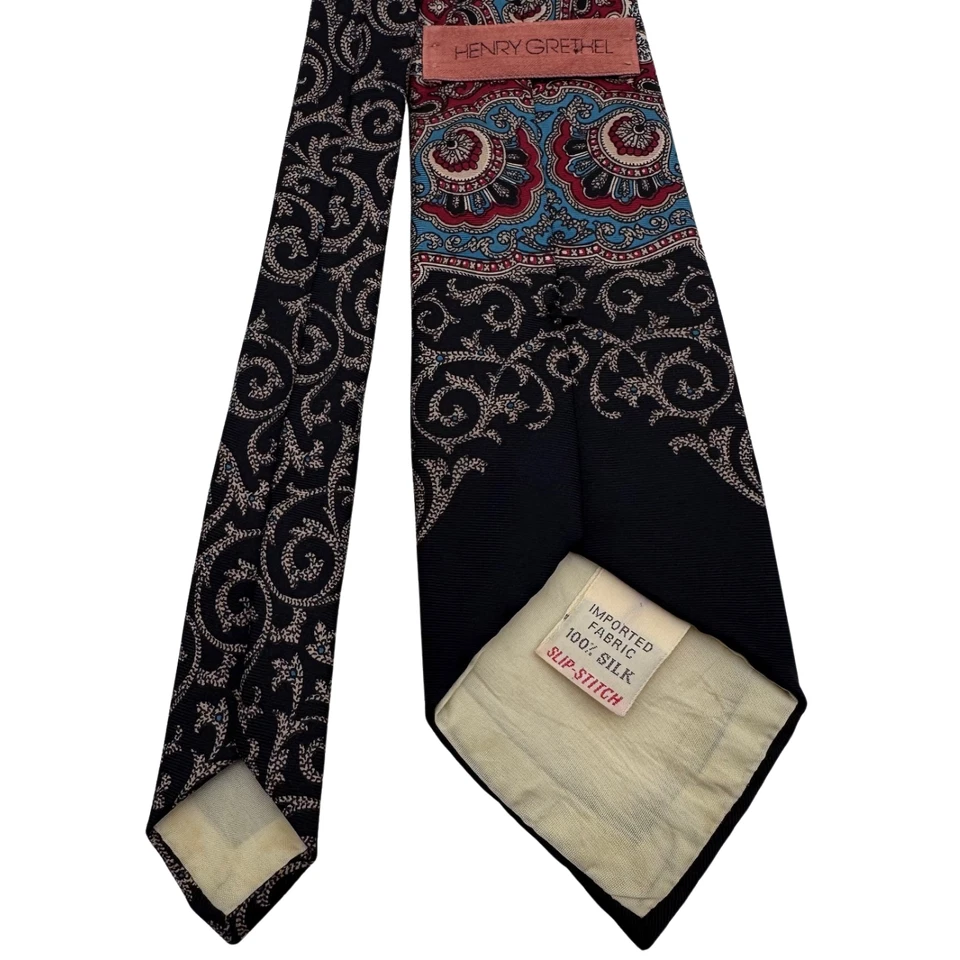 Corbata de Colección Henry Grethel Cuello Puntada Deslizante Medallón Cachemira Seda 56x3.25" Retro Foto 4 de 4