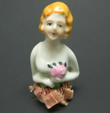 Vintage Japan Porcelain Pincushion Half Doll with Ribbon Skirt