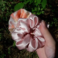 Handmade Pink Satin Scrunchie and Floral Scrunchie Set 4 in wide, elastic 7 in