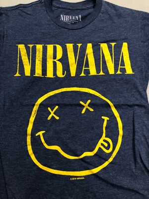 NIRVANA Smiley Face Logo Official size S Small Blue T-Shirt 50/50