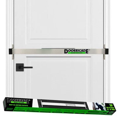 Doorricade door security bar for inward opening doors. Battering ram resistant.