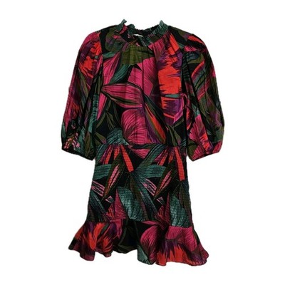 farm rio midnight leaves mini dress Farm Rio Midnight Leaves Mini Dress Small Floral Print Smocked Short Sleeve