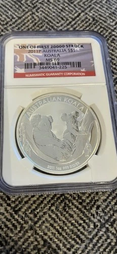 Australia 2011 P Silver Dollar Koala MS69 One of First 20k Struck NGC Certified