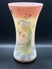 Fenton Glass Burmese  Regal Peacock Hand Painted Vase