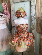 Vintage Ballet Dance Showgirl Costume Rainbow Lam  Petal Tutu Matching Hat