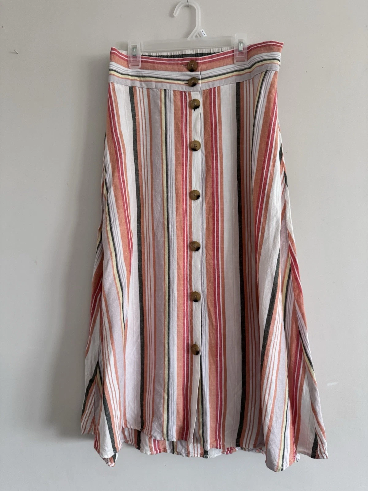 Long Button Down Candy Striped Linen Blend Skirt Airy Spring Colorful Fun Flirty